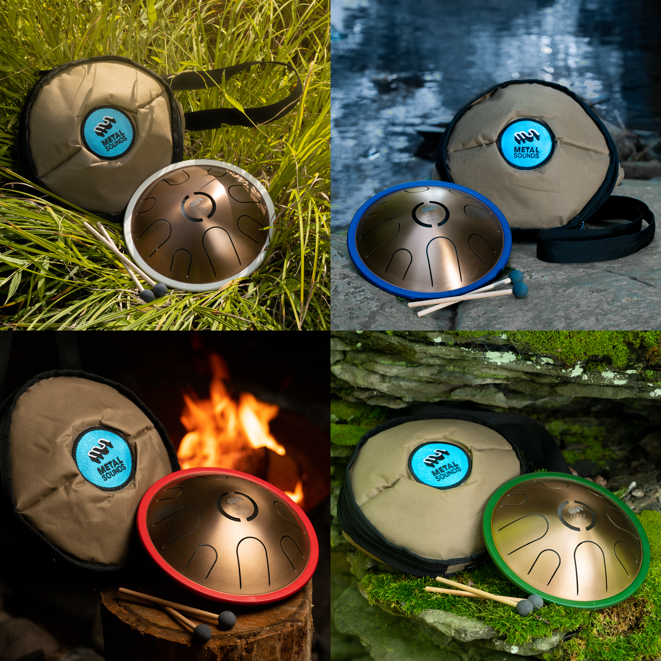 Four Zenko elemental metal tongue drums (Aria / air, Aqua / water, Terra / earth and Ignis / fire) with mallets and carrying bag.  | weplaywelltogether