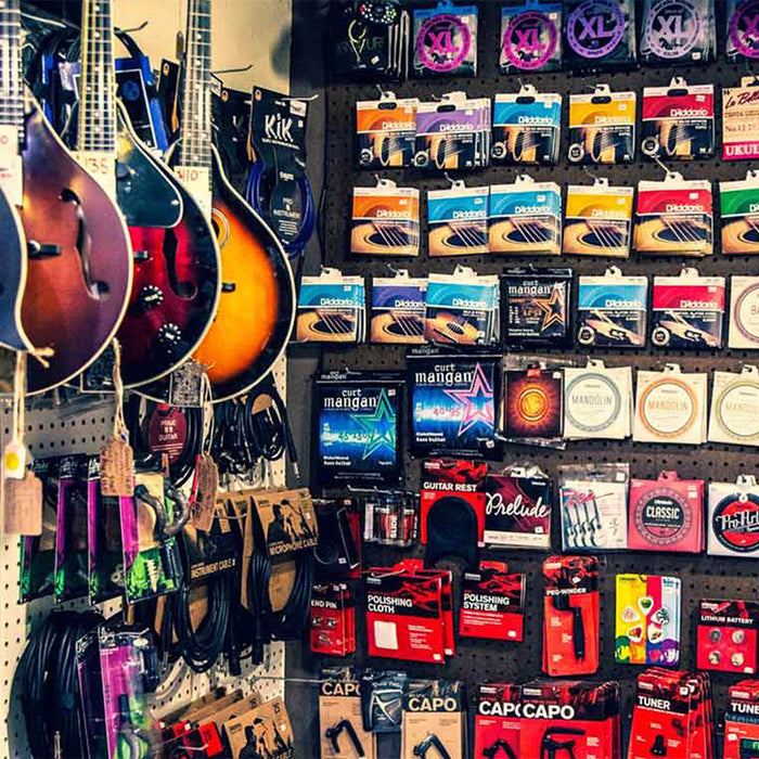 Inside Kind Mountain Collective music store in Idaho Springs, Colorado, featuring Hokema Kalimbas