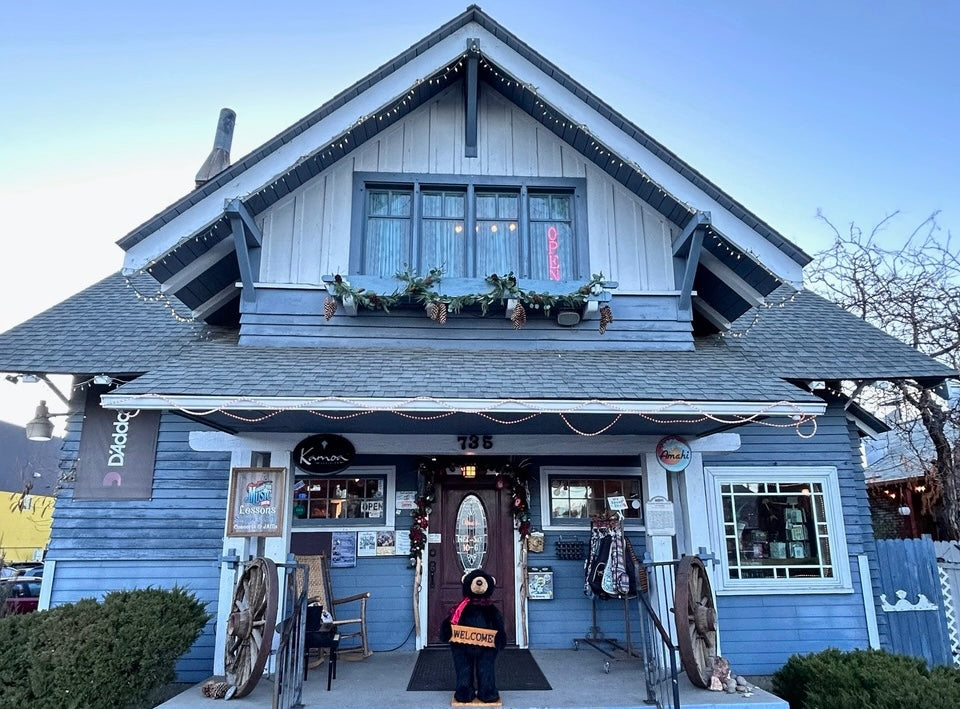 Inside Mountain Music Parlor in Reno, Nevada, featuring Hokema Kalimbas and traditional American instruments
