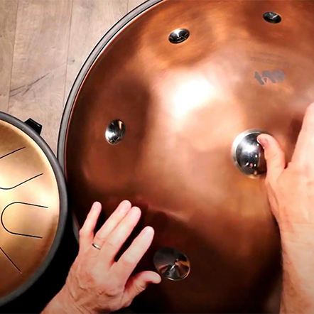 Metal Sounds Spacedrum Evolution handpan and Zenko tongue drum from We Play Well Together