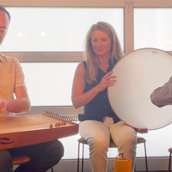 Christine Stevens and Aaron Gannon presenting sound healing research at Monochord Monday Meetup
