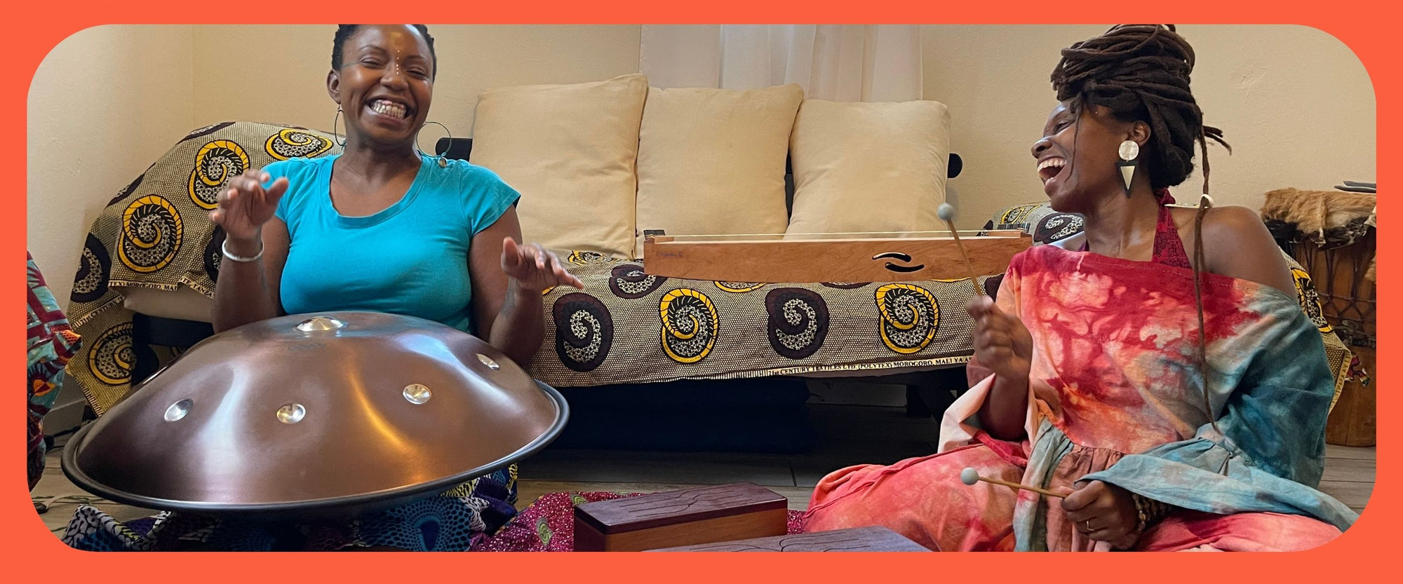 Women laughing and jamming with Metal Sound Spacedrum and feetone wooden tongue drums | weplaywelltogether