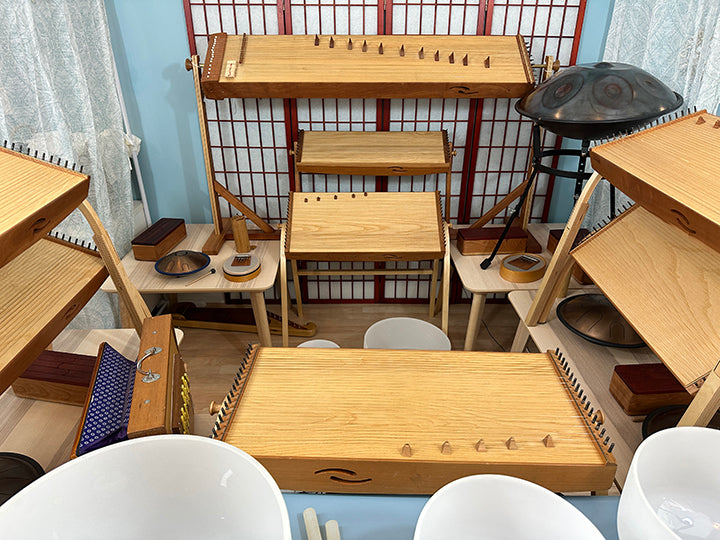 Multiple feeltone monochords, Metal Sounds Spacedrum, crystal singing bowls, Shruti box, feeltone tinka tongs and Hokema sansulas | weplaywelltogether
