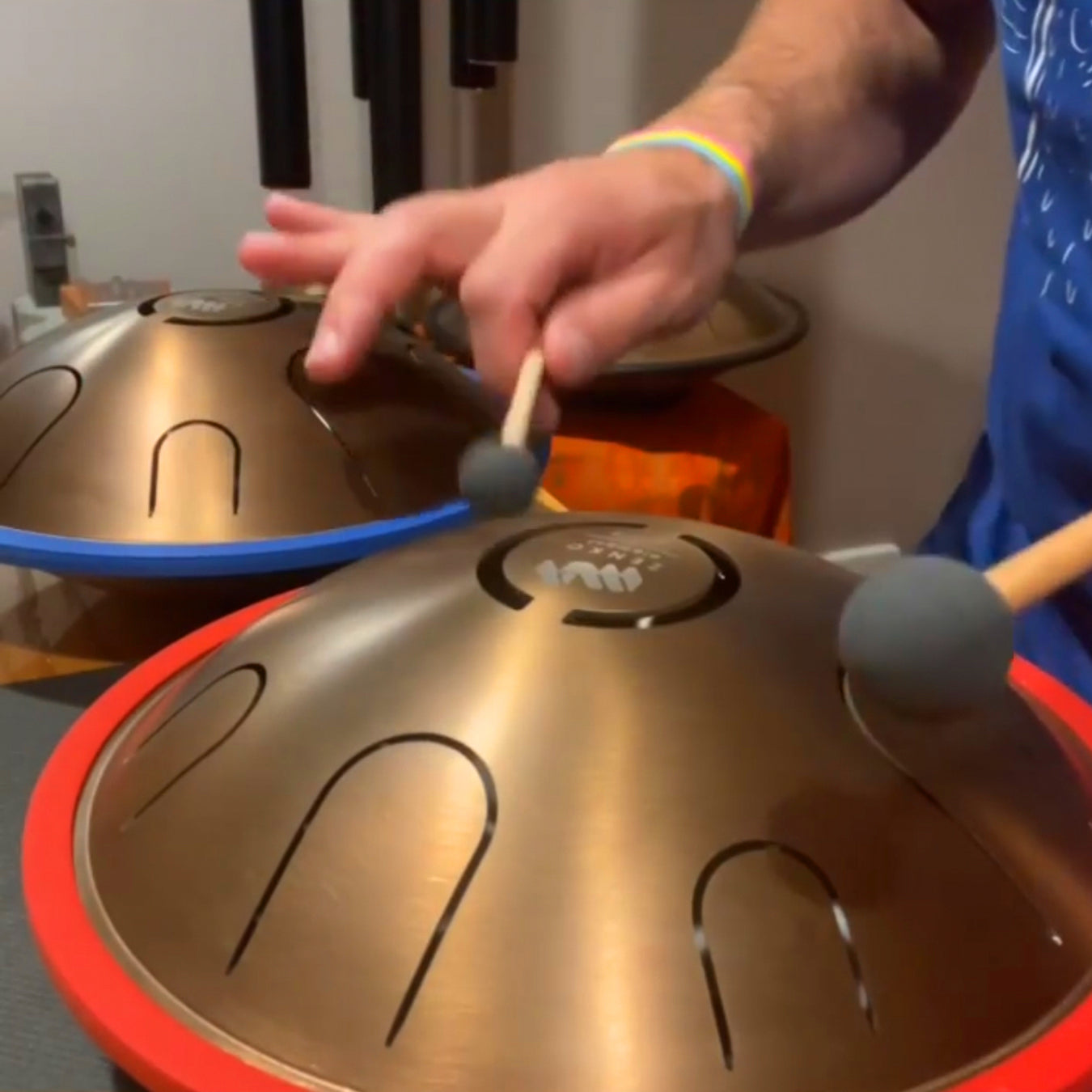 Musician and teacher Brandon Blake playing elemental metal tongue drum by Metal Sounds. | weplaywelltogether