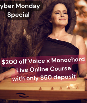Cyber Monday flyer for Voice + Monochord online training - pictured woman smiling by a feeltone monochord | weplaywelltogether