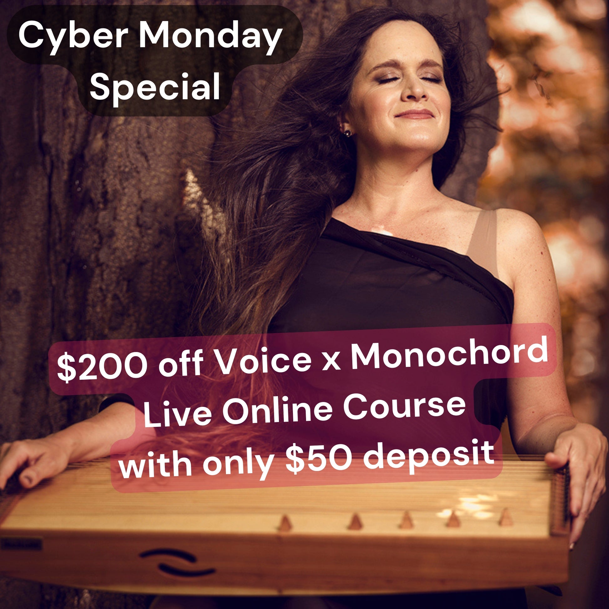 Cyber Monday flyer for Voice + Monochord online training - pictured woman smiling by a feeltone monochord | weplaywelltogether