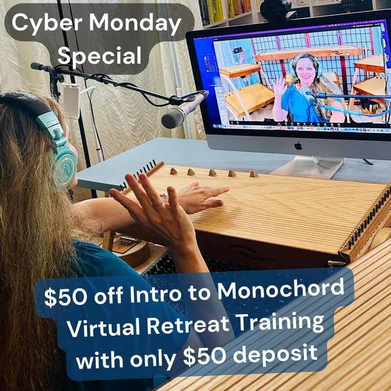 Cyber Monday flyer for Monochord virtual training - pictured woman surrounded by feeltone monochords waiving in Zoom event | weplaywelltogether