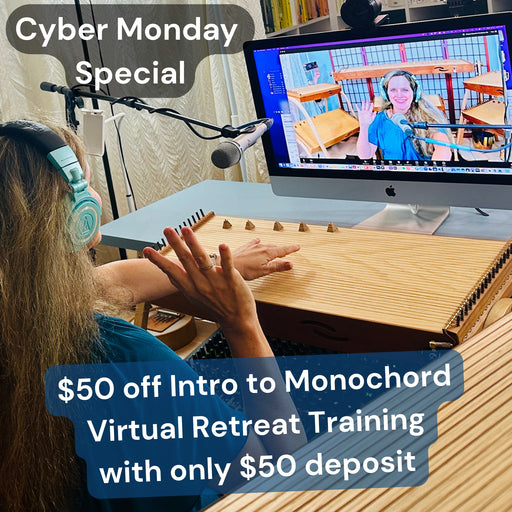 Cyber Monday flyer for Monochord virtual training - pictured woman surrounded by feeltone monochords waiving in Zoom event | weplaywelltogether