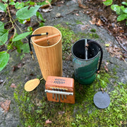 Hokema B5 kalimba with green Zaphir and Koshi Terra chimes in nature  | weplaywelltogether