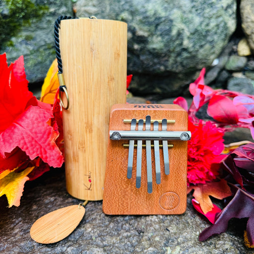 Koshi Ignis and Hokema B5 Fire kalimba on a rock with fall leafs | weplaywelltogether