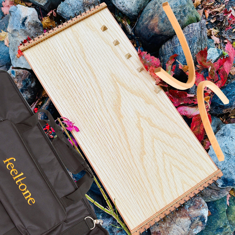 feeltone Monolina Monochord, stand and carrying case by the rocks | weplaywelltogether