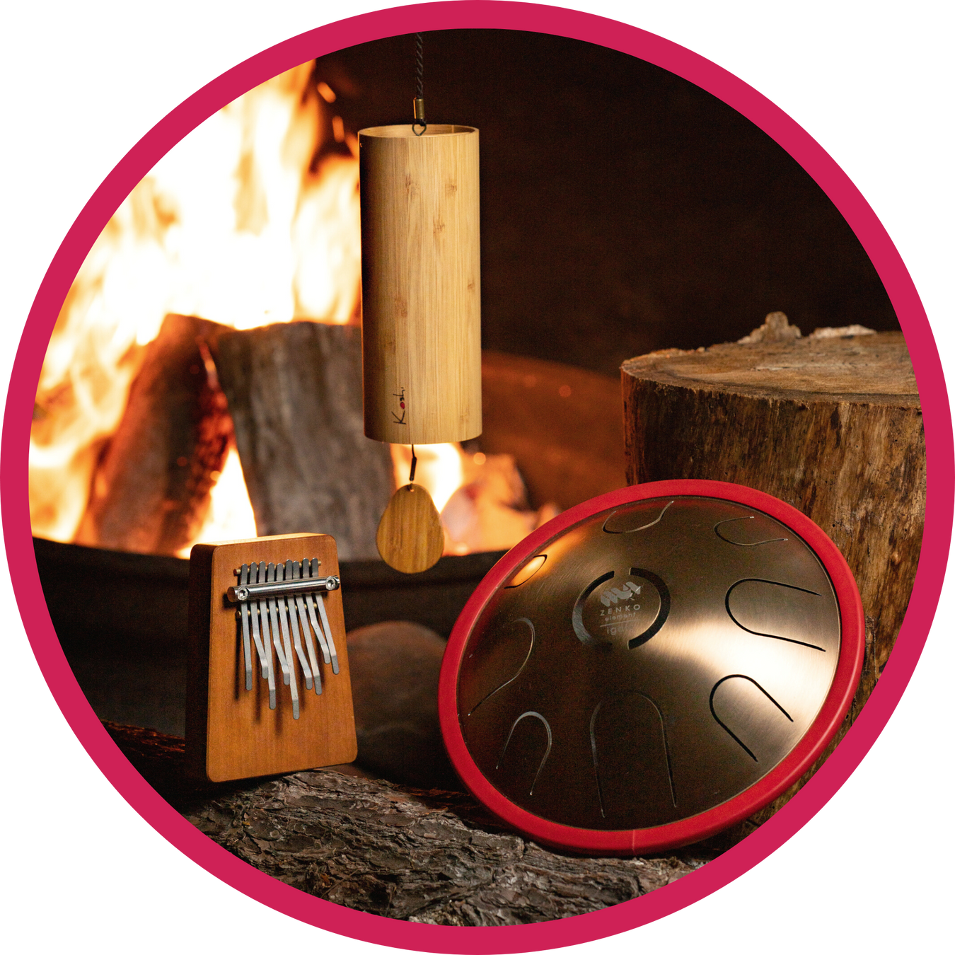 Set of instruments by the fire. Ignis metal tongue drum by Metal Sound, Hokema Ignis B9 kalimba and Ignis chime by Koshi all tuned into fire element. | weplaywelltogether