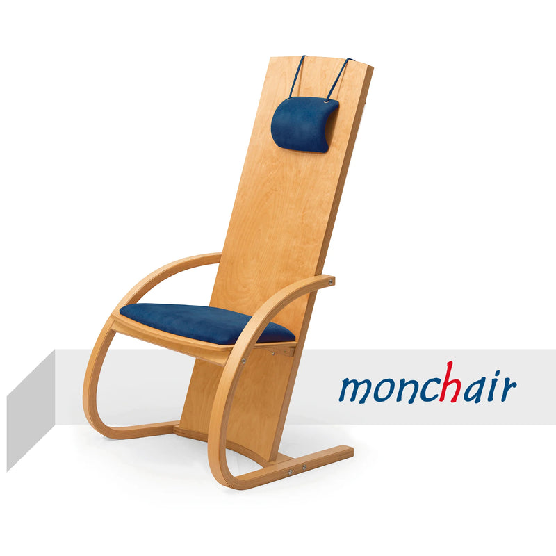 A wooden feeltone monochord Therapy chair with a tall backrest, curved wooden arms and base, and blue padded seat and headrest cushions, shown on a white background with the monchair logo.
