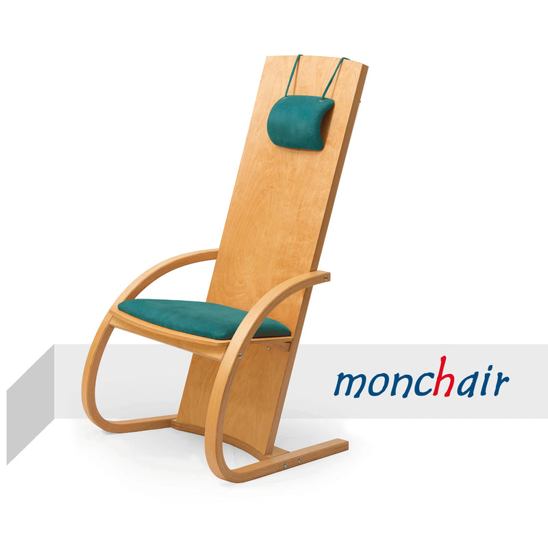 feelton monochord chair with curved armrests, a tall backrest, and teal-green cushioned seat and headrest, shown on a white background with the monchair logo. Made in germany out of wood