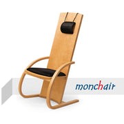 A wooden feeltone therapy chair with a tall backrest, curved armrests, black cushioned seat and headrest, shown on a white background with the monchair logo.