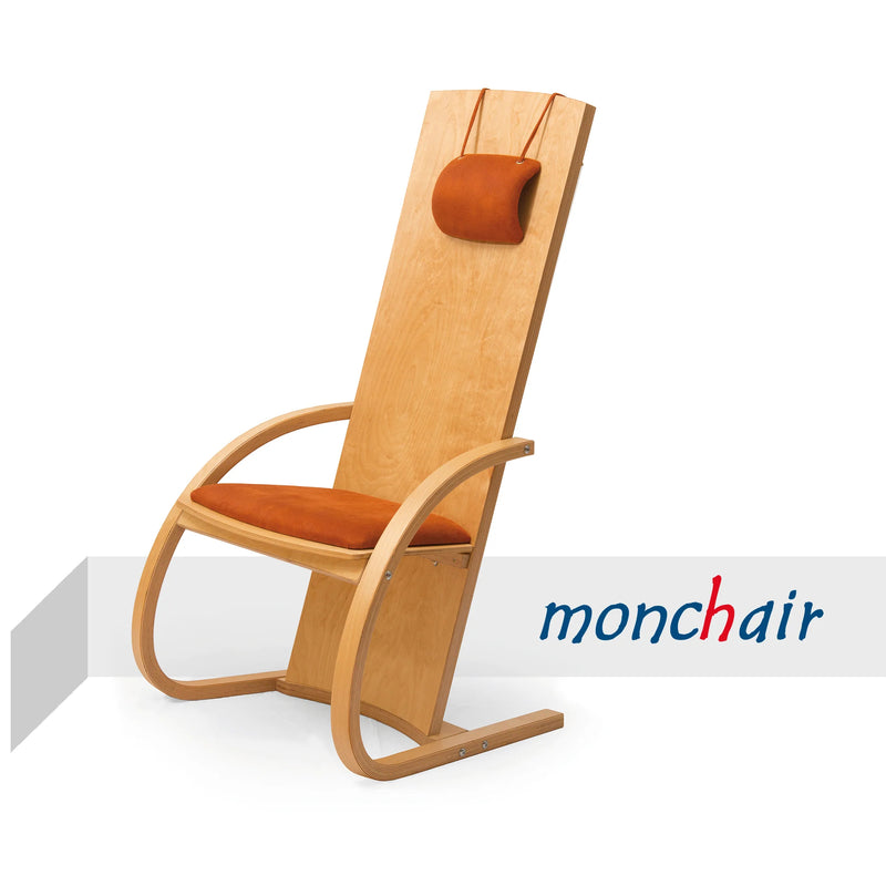 feeltone theraphy monochord chair with a tall backrest, curved wooden arms and base, and orange-brown cushioned seat and headrest, shown on a white background with the monchair logo.