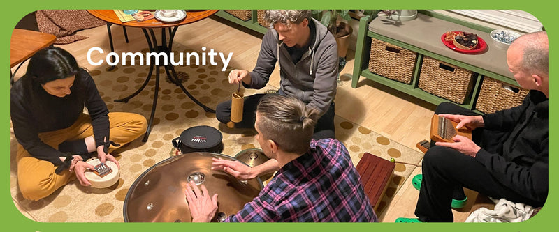 group of people playing Hokema Sansula and kalimba, Koshi chimes and Metalsounds spacedrum | weplaywelltogether