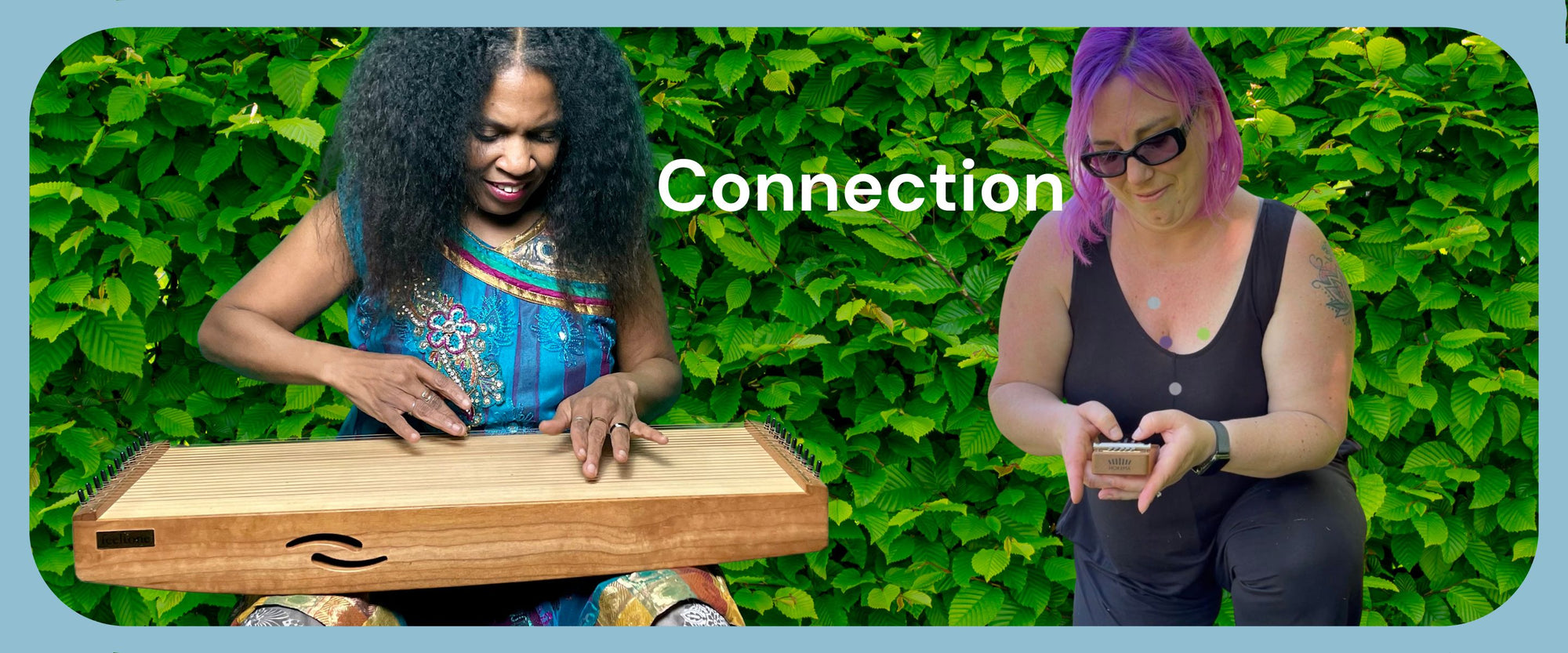 Two women playing instruments - feeltone monochord and Hokema kalimba. | weplaywelltogether