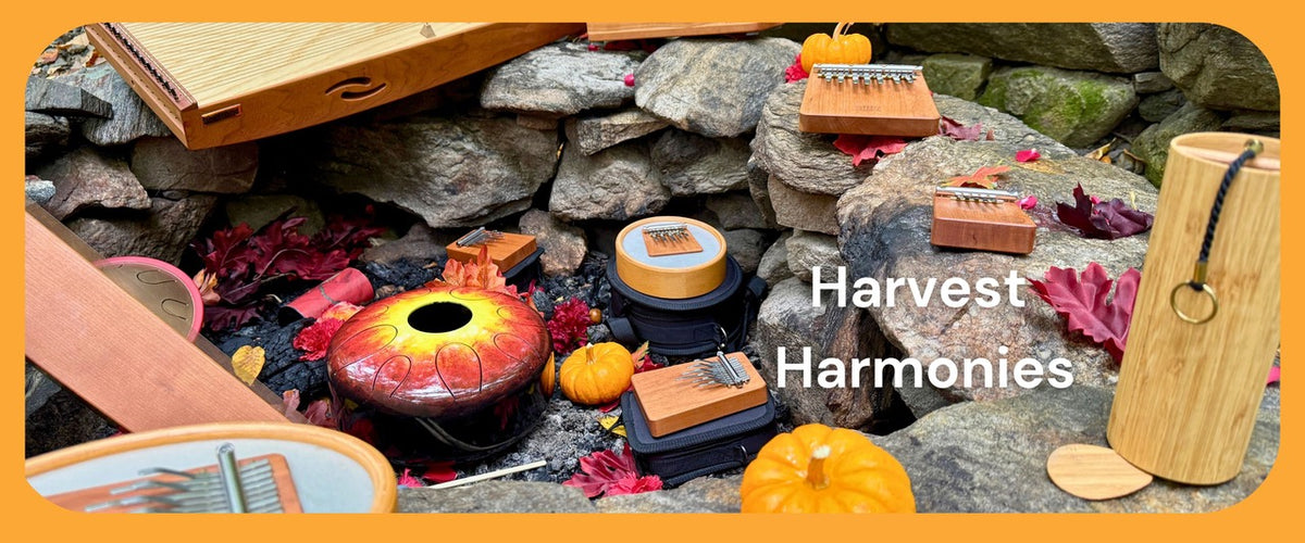 Harvest Harmonies feeltone monochords, Hokema kalimbas - Sansula Renaissance, B5, B17, B9, Zenko elemental tongue drum, Kigonki tongue drum, Koshi chime and Zaphir chime in nature | weplaywelltogether