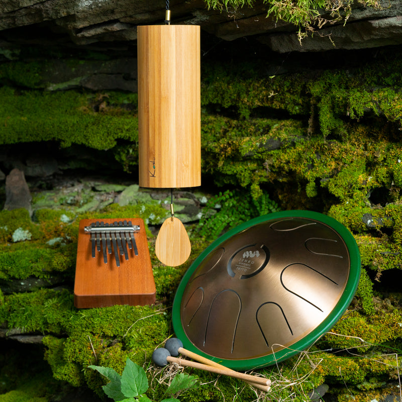Hokema B9 kalimba, Koshi chime and Zenko metal tongue drum Terra with mallets in nature | weplaywelltogether