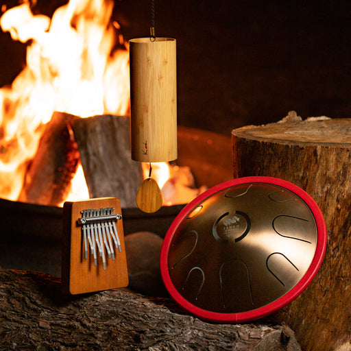 Hokema B9 kalimba in fire tuning, Zenko Ignis elemental tongue drum and Koshi Ignis chime  | Weplaywelltogether