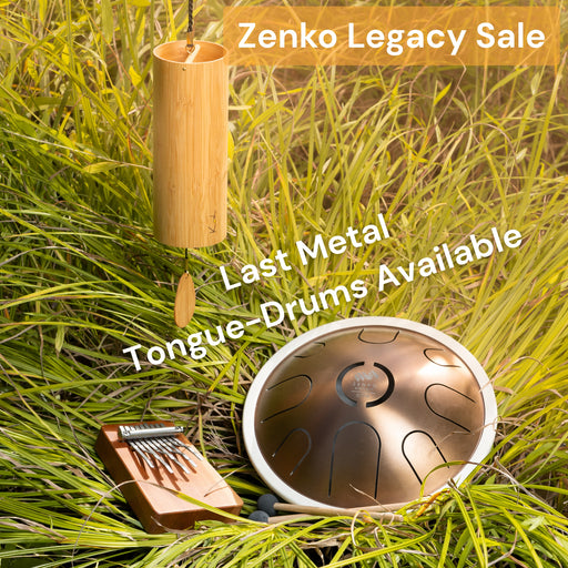 Zenko aria elemental metal tongue drum, koshi aria chime and hokema 9-tine kalimba tuned in aria in the field | weplaywelltogether