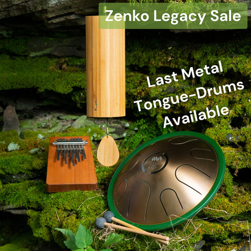 Zenko terra elemental metal tongue drum, Koshi terra chime and Hokema 9-tine kalimba tuned in terra in nature | weplaywelltogether