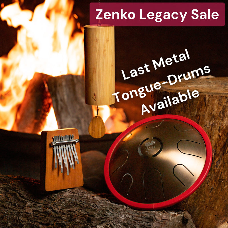 Zenko ignis elemental metal tongue drum, koshi ignis chime and hokema 9-tine kalimba tuned in ignis by the fire | weplaywelltogether