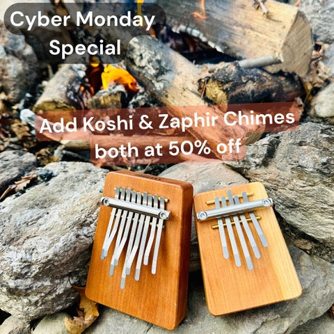Cyber Monday flyer - Hokema B9 and B5 kalimbas by the fire | weplaywelltogether